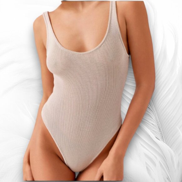 Women’s Beige Ribbed Bodysuit with Scoop Neck – Size M - Picture 1 of 6